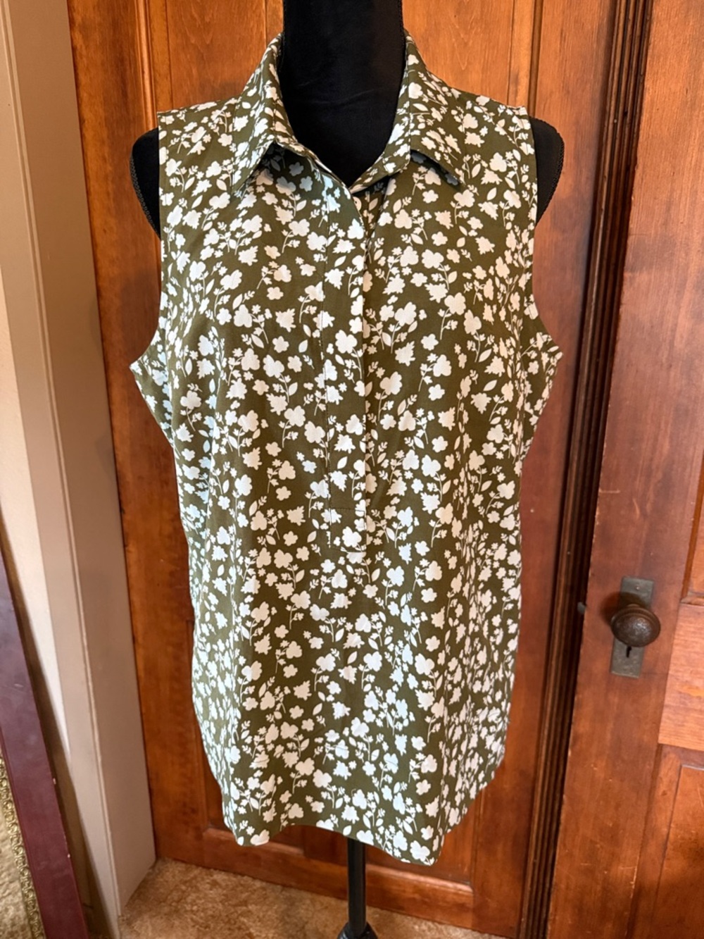 CAbi Olive Green and Light Blue Floral Sleeveless Tunic